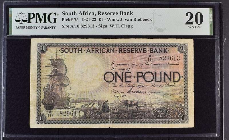 S. Africa (Reserve Bank): 1922 WH. Clegg 1 Pound PMG Certified VF20