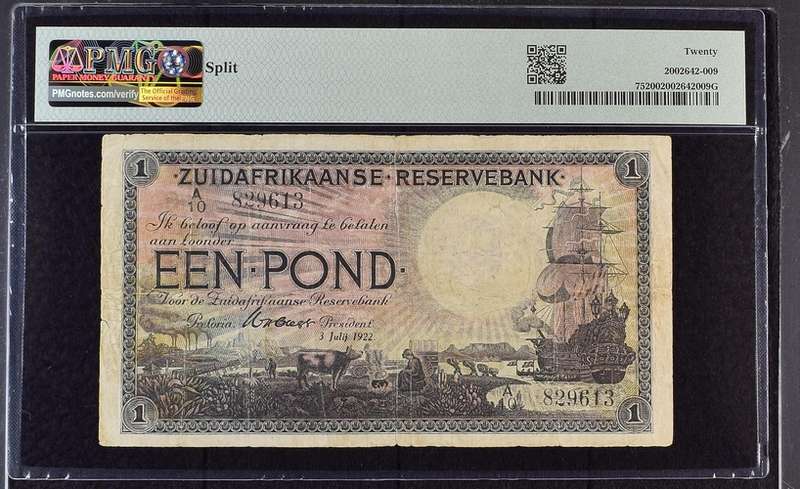 S. Africa (Reserve Bank): 1922 WH. Clegg 1 Pound PMG Certified VF20