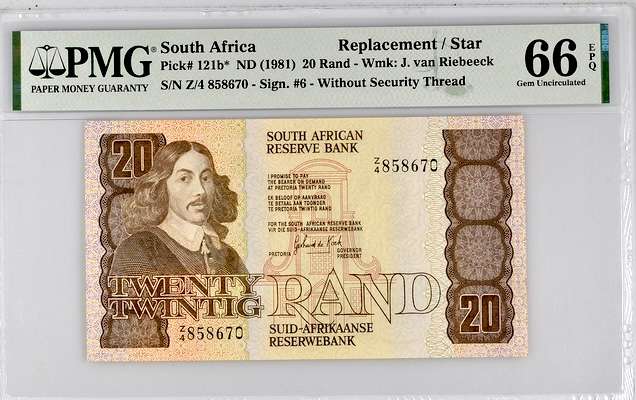 S. Africa (Reserve Bank): ND(1981) GPC de Kock R20 Z4 Replacement PMG GU66EPQ