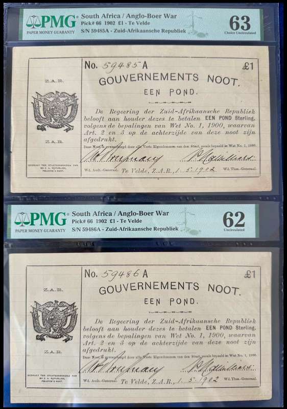 S. Africa (Pre-Reserve Bank): 1902 Te Velde 1 Pound Pair with vertical lines PMG Certified MS62&63