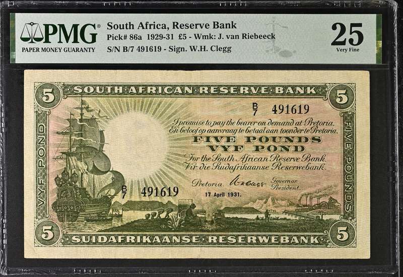 S. Africa (Reserve Bank): 1931 WH. Clegg 5 Pounds PMG Certified VF25 (4th Issue)