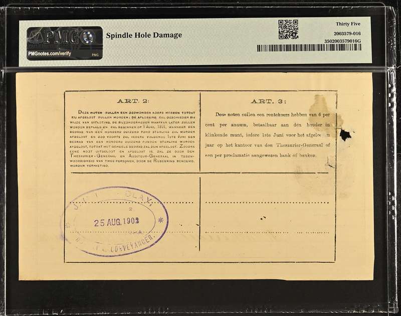 S. Africa (Pre-Reserve Bank): 1902 ZAR Te Velde 5 Pounds PMG Certified VF35 (Findlay Stamp)