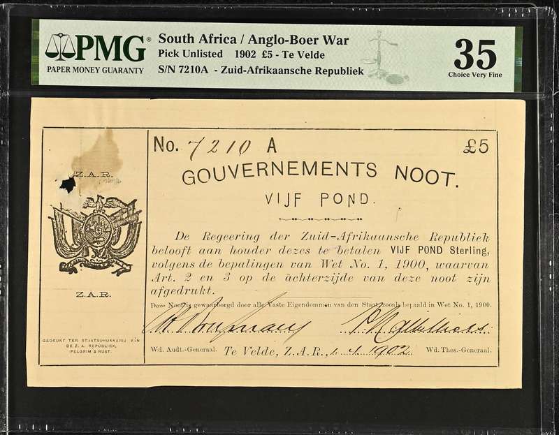 S. Africa (Pre-Reserve Bank): 1902 ZAR Te Velde 5 Pounds PMG Certified VF35 (Findlay Stamp)