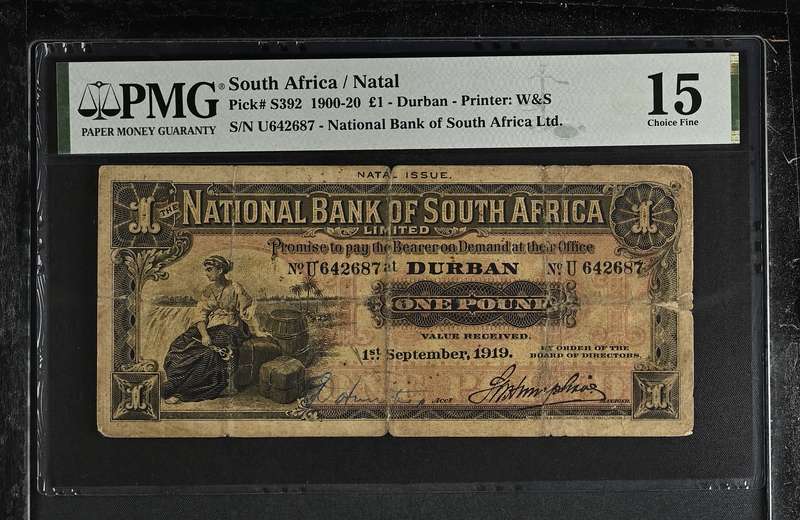 S. Africa (Pre-Reserve Bank): 1919 National Bank of SA 1 Pound PMG Certified F15