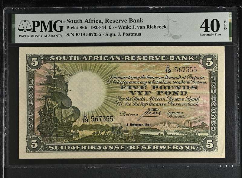 S. Africa (Reserve Bank): 1941 J. Postmus 5 Pounds PMG Certified XF40EPQ