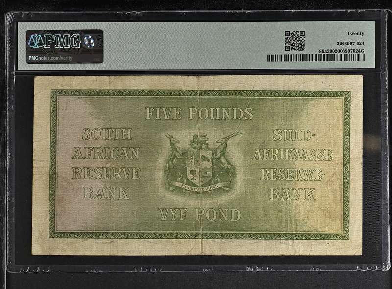 S. Africa (Reserve Bank): 1929 WH. Clegg 5 Pounds PMG Certified VF20 (4th Issue)