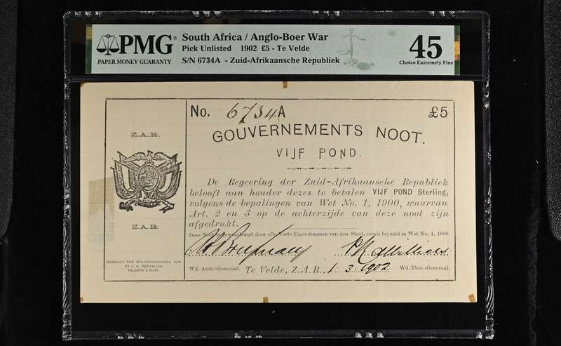 S. Africa (Pre-Reserve Bank): 1902 ZAR Te Velde 5 Pounds with Vertical Lines PMG Certified XF45