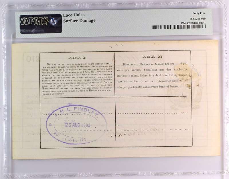 S. Africa (Pre-Reserve Bank): 1902 ZAR Te Velde 10 Pounds PMG Certified XF45 (Findlay Stamp)
