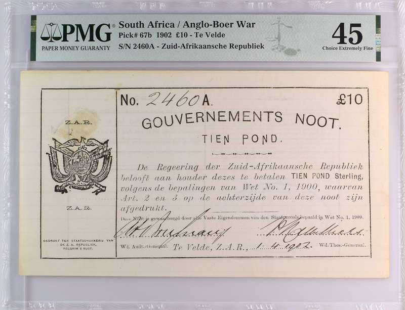 S. Africa (Pre-Reserve Bank): 1902 ZAR Te Velde 10 Pounds PMG Certified XF45 (Findlay Stamp)