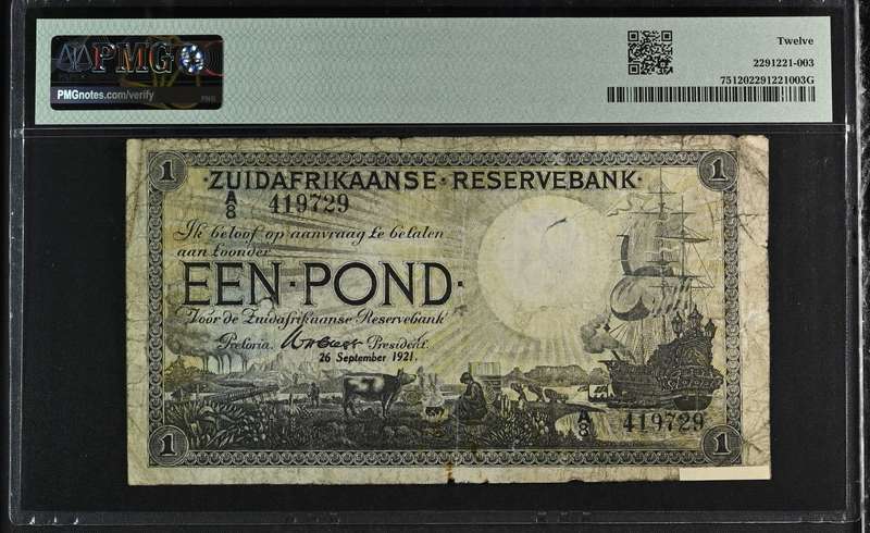 S. Africa (Reserve Bank): 1921 WH. Clegg 1 Pound PMG Certified F12