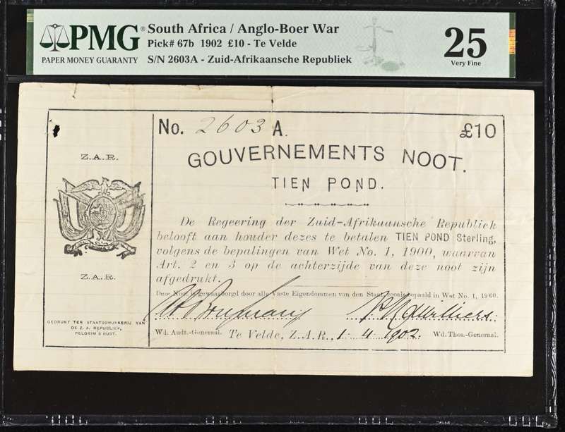 S. Africa (Pre-Reserve Bank): 1902 ZAR Te Velde 10 Pounds PMG Certified VF25