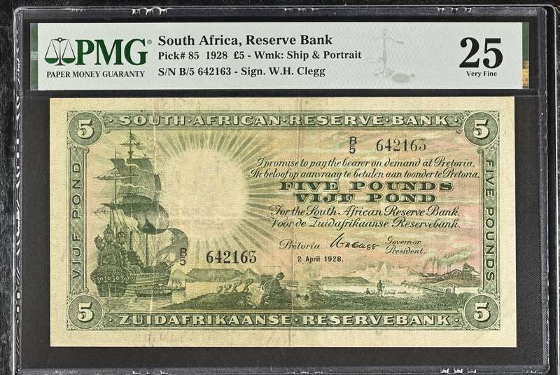 S. Africa (Reserve Bank): 1928 WH. Clegg 5 Pounds PMG Certified VF25 (3rd Issue)