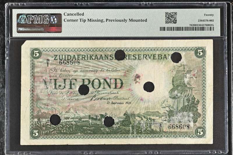S. Africa (Reserve Bank): 1921 WH. Clegg 5 Pounds PMG Certified VF20 (1st Issue)