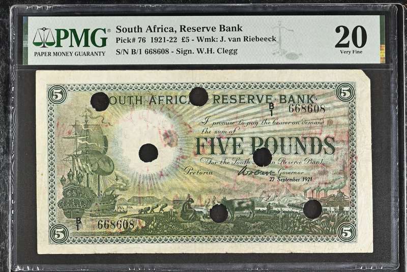 S. Africa (Reserve Bank): 1921 WH. Clegg 5 Pounds PMG Certified VF20 (1st Issue)