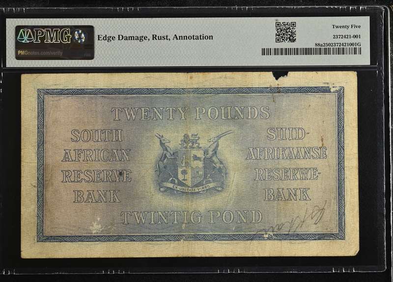 S. Africa (Reserve Bank): 1928 WH. Clegg 20 Pounds PMG Certified VF25