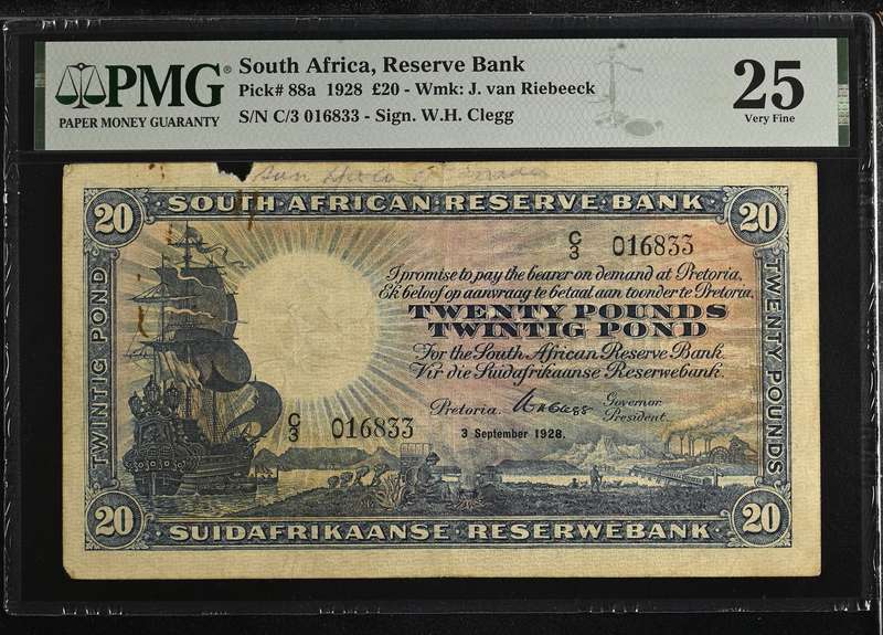 S. Africa (Reserve Bank): 1928 WH. Clegg 20 Pounds PMG Certified VF25