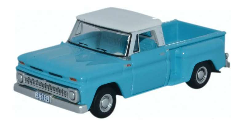 Oxford Diecast 1965 Chevrolet C10 Stepside Pickup Truck Light Blue with White Top (H/O Scale)