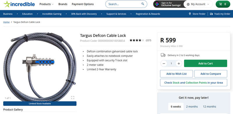 Anti Theft Targus Combination Lock - Sells for R599