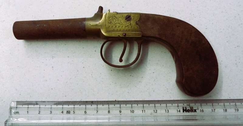 Antique English flintlock pocket pistol circa 1780-1810. Manufactured by Jennis of London.