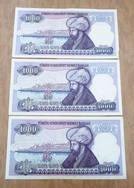 NICE 3 X RARE TURQUIE 1000 LIRA NOTES AS 1 LOT (HIGH VALUE)