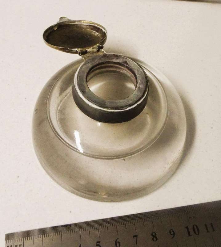 very rare Antique round glass inkwell 10cm round 5cm tall , brass cap  2.5cm