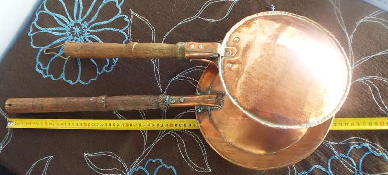 nice vintage red copper bed warmer and spoon