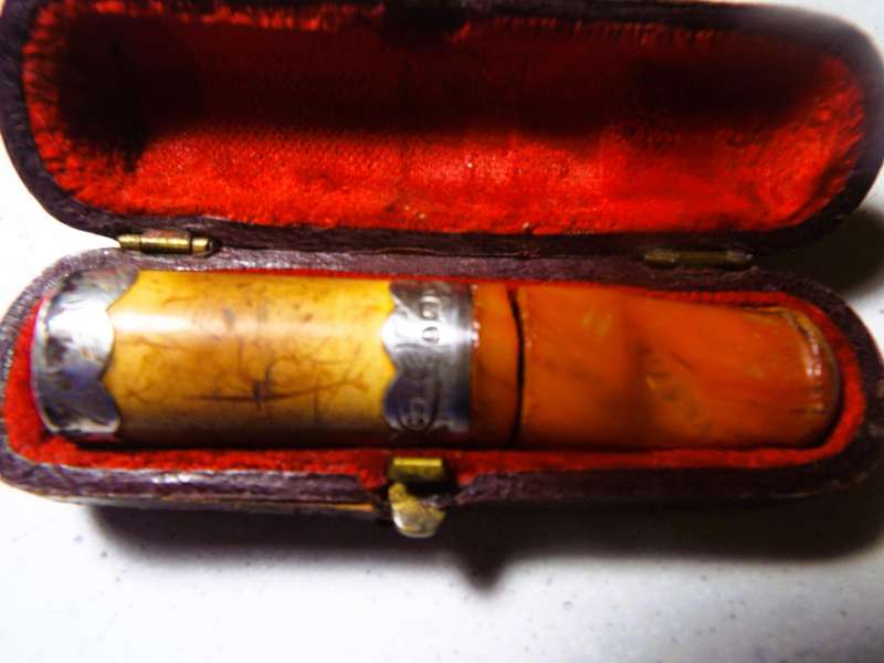 Antique Amber 'Cheroot' (Cigar) Holder with Sterling (0.925) Silver capping ,,,,,CASED