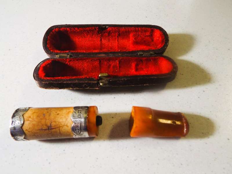 Antique Amber 'Cheroot' (Cigar) Holder with Sterling (0.925) Silver capping ,,,,,CASED