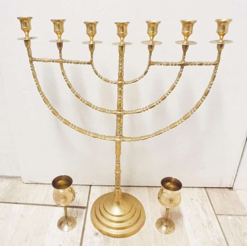 Huge Big Temple Menorah 7 branches branch Candel & 2 goblets