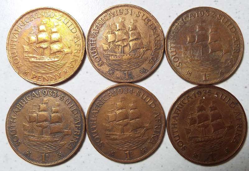 nice set of 6 1D coins 1930,31,32,33,34 and 1935 as 1 lot