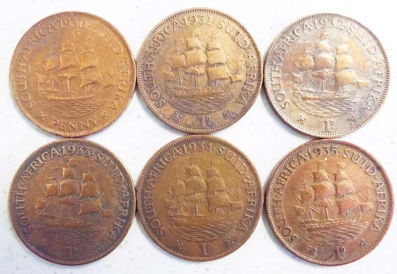 nice set of 6 1D coins 1930,31,32,33,34 and 1935 as 1 lot