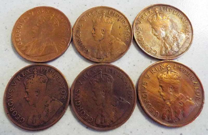 nice set of 6 1D coins 1930,31,32,33,34 and 1935 as 1 lot