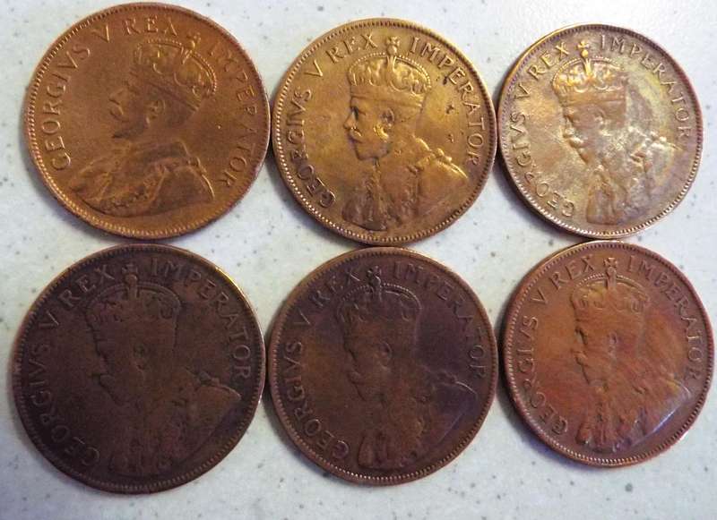 nice set of 6 1D coins 1930,31,32,33,34 and 1935 as 1 lot