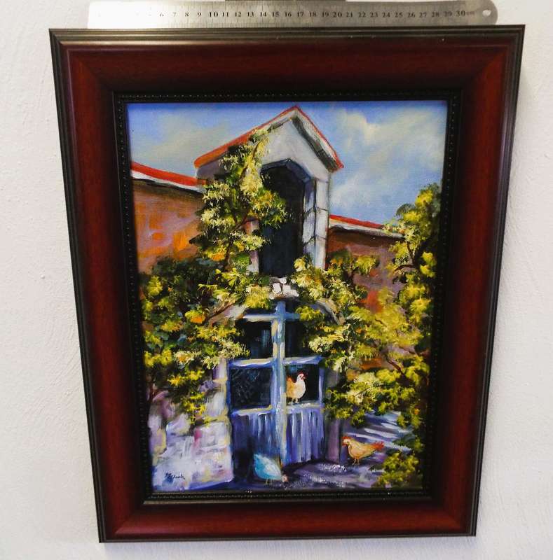 Joy Clark oil on board 370 x275 art (farm chicken scene)