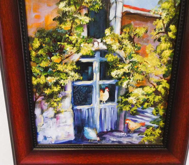 Joy Clark oil on board 370 x275 art (farm chicken scene)