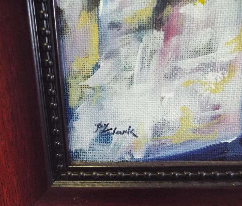 Joy Clark oil on board 370 x275 art (farm chicken scene)