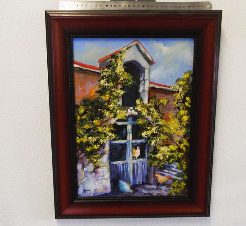 Joy Clark oil on board 370 x275 art (farm chicken scene)