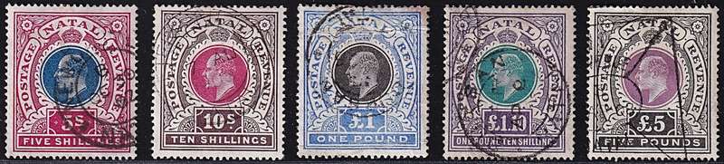 1902/3 Natal KEVII S/Set to £1.10 Postally Used (CV R10,700) + £5 Fiscal (Normal R50,000)