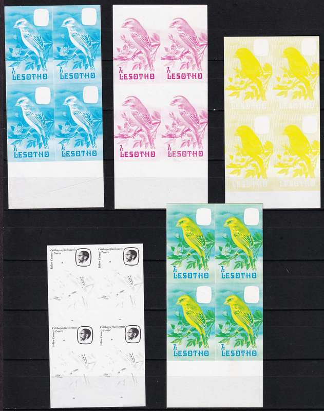 Lesotho 7s Yellow Canary UMM(**) Imperf Colour Trails in Blocks of 4