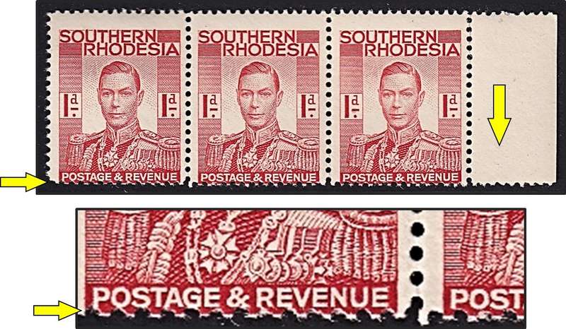 1937 S.Rhodesia 1d UMM(**) Strip with Perf Shift into the Stamp Design
