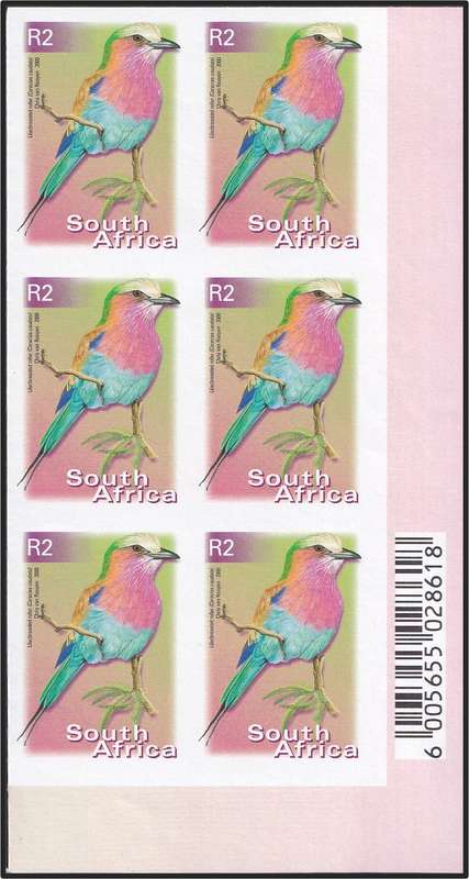 2000 RSA R2 Lilacbreasted Roller UMM(**) Imperf Corner Block of 6
