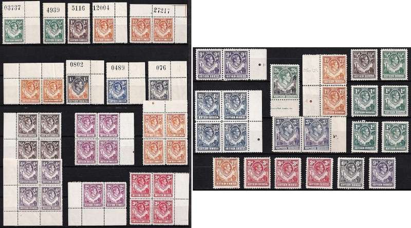 1938 Northern Rhodesia KGVI UMM/MM Positional Pieces & Singles with Printer's Marks