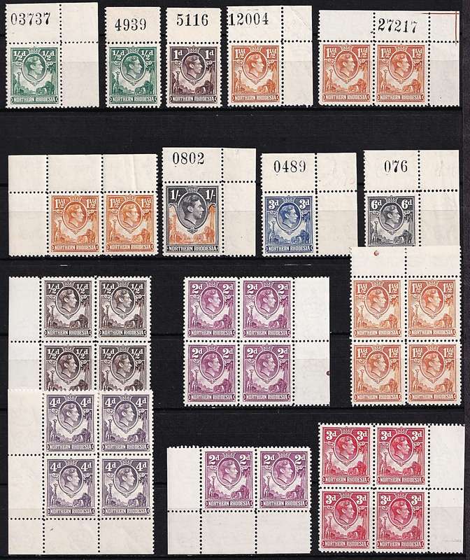 1938 Northern Rhodesia KGVI UMM/MM Positional Pieces & Singles with Printer's Marks