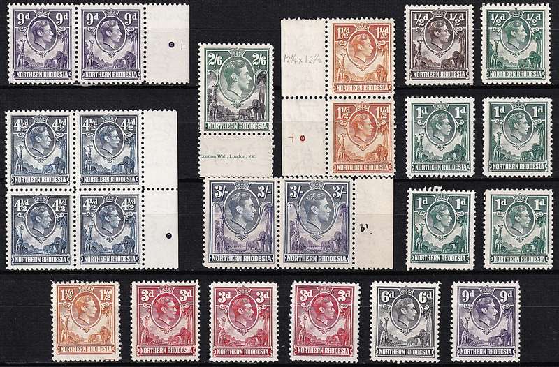 1938 Northern Rhodesia KGVI UMM/MM Positional Pieces & Singles with Printer's Marks