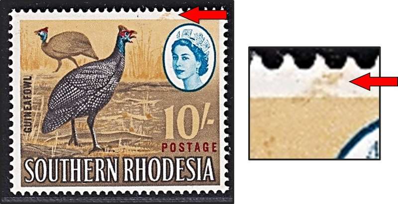 1964 Southern Rhodesia 10/- MM(*) Variety - Coloured Smudge into Margin