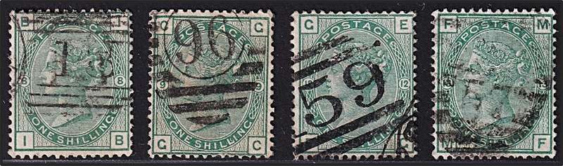 1873/6 Great Britian QV 1/- Green, SG.150 Plates 8,9,12 & 13  @ CV  R16,750+
