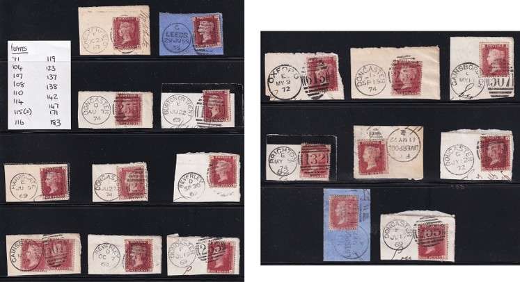1858/70 Great Britain QV 1d Red Plated Issues on Piece/Nice Postmarks  @ CV  R3,150+