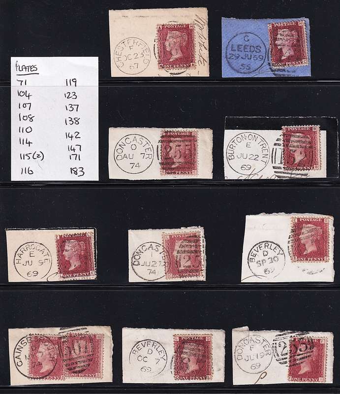 1858/70 Great Britain QV 1d Red Plated Issues on Piece/Nice Postmarks  @ CV  R3,150+