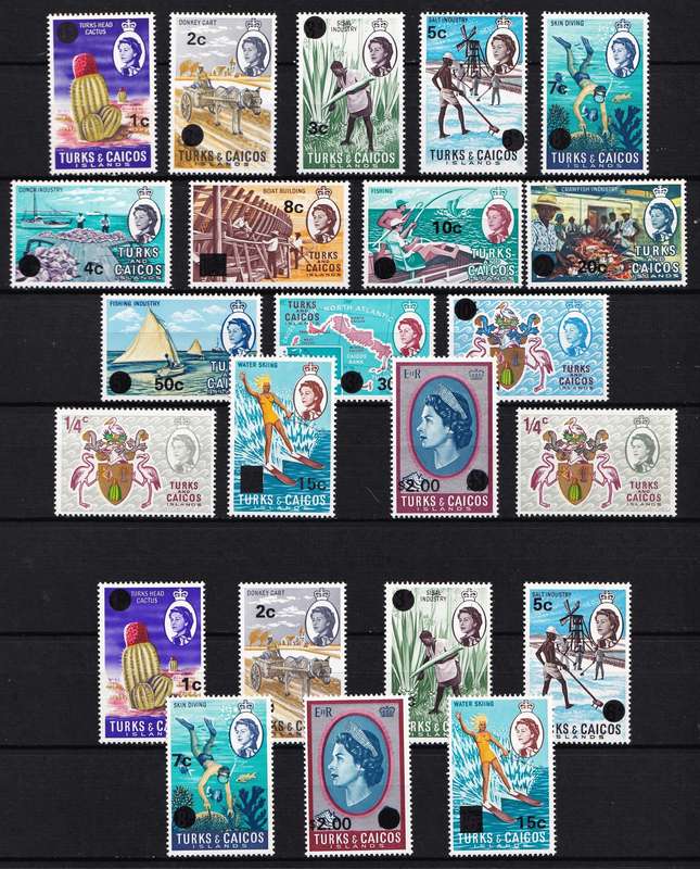 1969 Turks & Caicos Islands QEII MM(*) Surcharged Sets (SG.297/311 & 298a/311a)