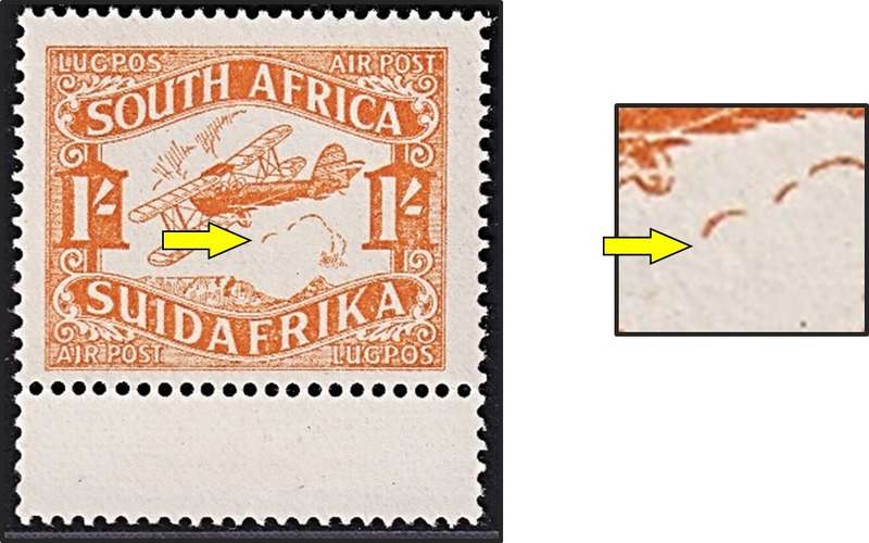 1929 Union 1/- Airmail UMM(**) Variety - Uncompleted Cloud (Missing Bottom Part)